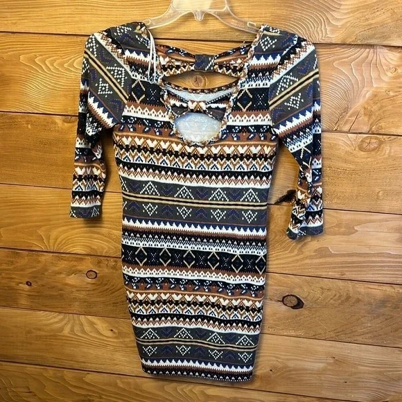 Forever 21 Geometric Print Bow‎ Back Mini Dress S/P Bodycon Boho Retro Tribal - Picture 3 of 9